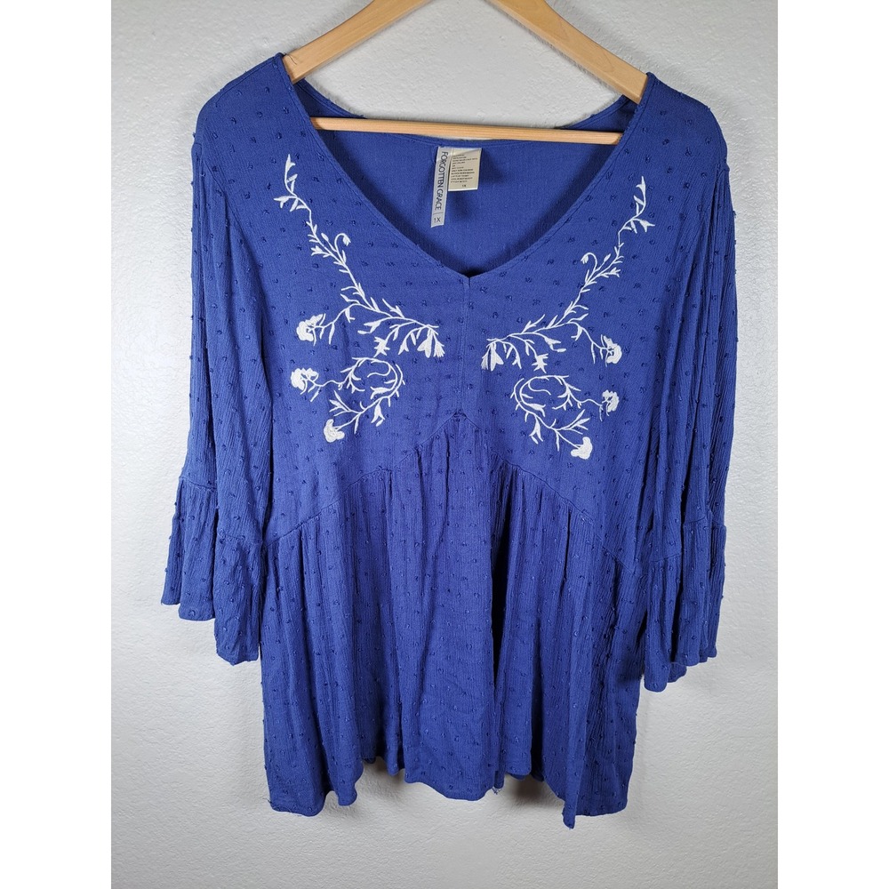 Forgotten Grace Blue Swiss Dot Embroidered Babydoll Blouse 1X SB761X